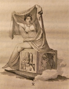 Ceres siting on a cube displaying the Indian trinity on one side and and the head of Isis on another; From Ouvaroff's Essay on the Elusinian Mysteries', London-1817